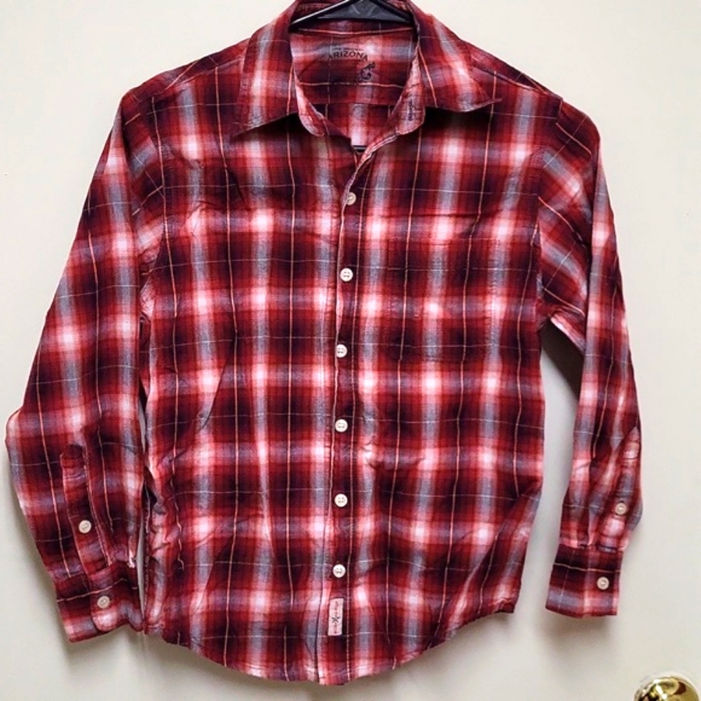 Arizona Red, White, and Orange Plaid Long Sleeve Button Down Shirt